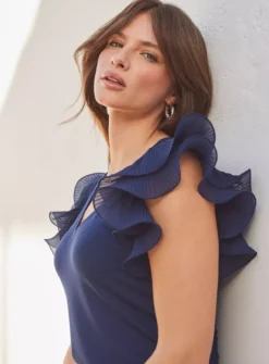 SOSANDAR Navy Blue Frill Sleeve T-Shirt 18 9 SOSANDAR Navy Blue Frill Sleeve T-Shirt 18 -Fit In Dress Sales tuc144371839 Blue R Z005A