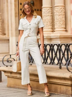SOSANDAR Ivory D Ring Belt Culotte Denim Jumpsuit 20