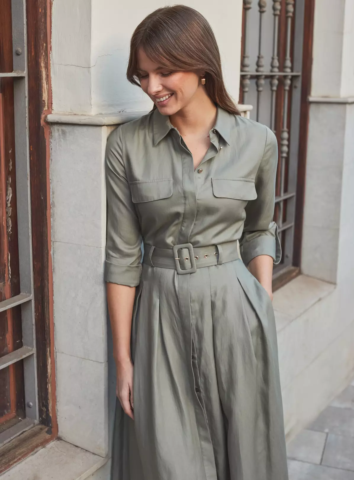 SOSANDAR Khaki Green Utility Midi Shirt Dress 18 2 SOSANDAR Khaki Green Utility Midi Shirt Dress 18 - Image 2