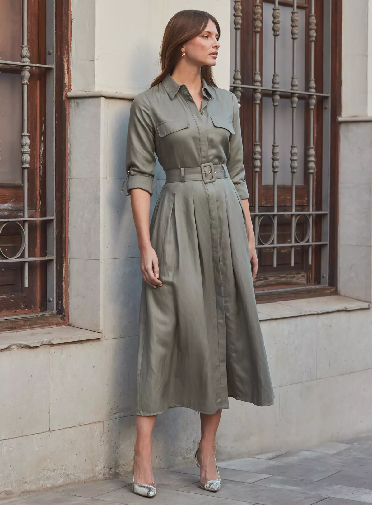 SOSANDAR Khaki Green Utility Midi Shirt Dress 18 3 SOSANDAR Khaki Green Utility Midi Shirt Dress 18 - Image 3