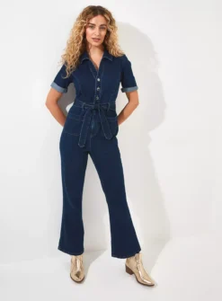 JOE BROWNS Collared Button Front Denim Jumpsuit 18 9 JOE BROWNS Collared Button Front Denim Jumpsuit 18 -Fit In Dress Sales tuc144403811 Blue R Z001A