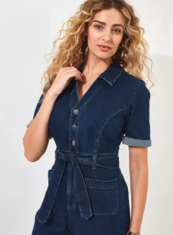 JOE BROWNS Collared Button Front Denim Jumpsuit 8 7 JOE BROWNS Collared Button Front Denim Jumpsuit 8 -Fit In Dress Sales tuc144403811 Blue R Z005A 1