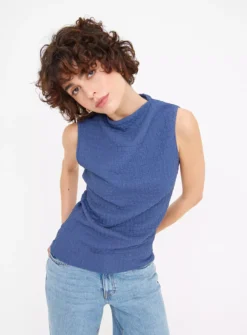 Blue Sleeveless Crinkle High Neck Top 20