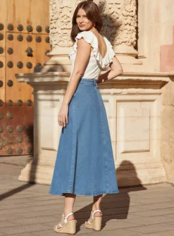 SOSANDAR Bright Blue Button Through Full Denim Skirt 14
