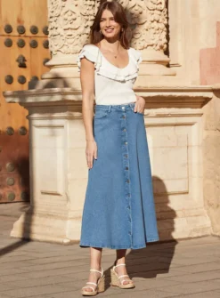 SOSANDAR Bright Blue Button Through Full Denim Skirt 14 7 SOSANDAR Bright Blue Button Through Full Denim Skirt 14 -Fit In Dress Sales tuc144535784 Blue R Z004A