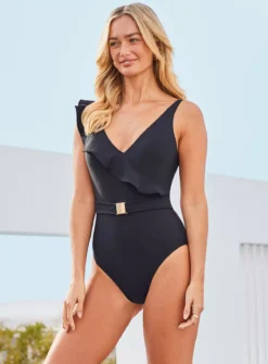 SOSANDAR Black Ruffle Detail Belted Swimsuit 18 8 SOSANDAR Black Ruffle Detail Belted Swimsuit 18 -Fit In Dress Sales tuc144536621 Black R Z002A