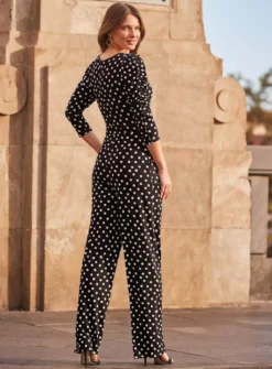 SOSANDAR Black White Spot V Neck Jumpsuit 18 -Fit In Dress Sales tuc144545202 Mono R Z003A