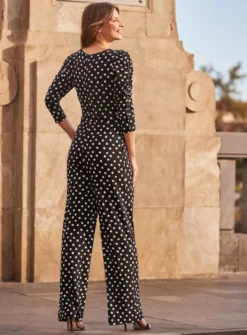 SOSANDAR Black White Spot V Neck Jumpsuit 18 -Fit In Dress Sales tuc144545202 Mono R Z004A