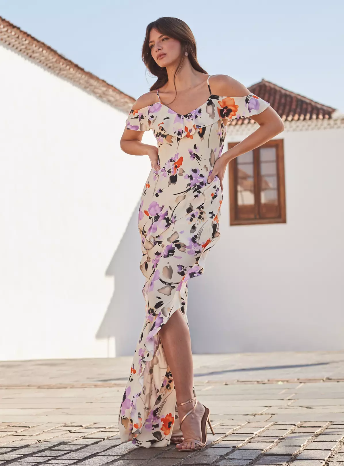 SOSANDAR Ivory Floral Cold Shoulder Ruffle Maxi Dress 18 2 SOSANDAR Ivory Floral Cold Shoulder Ruffle Maxi Dress 18 - Image 2