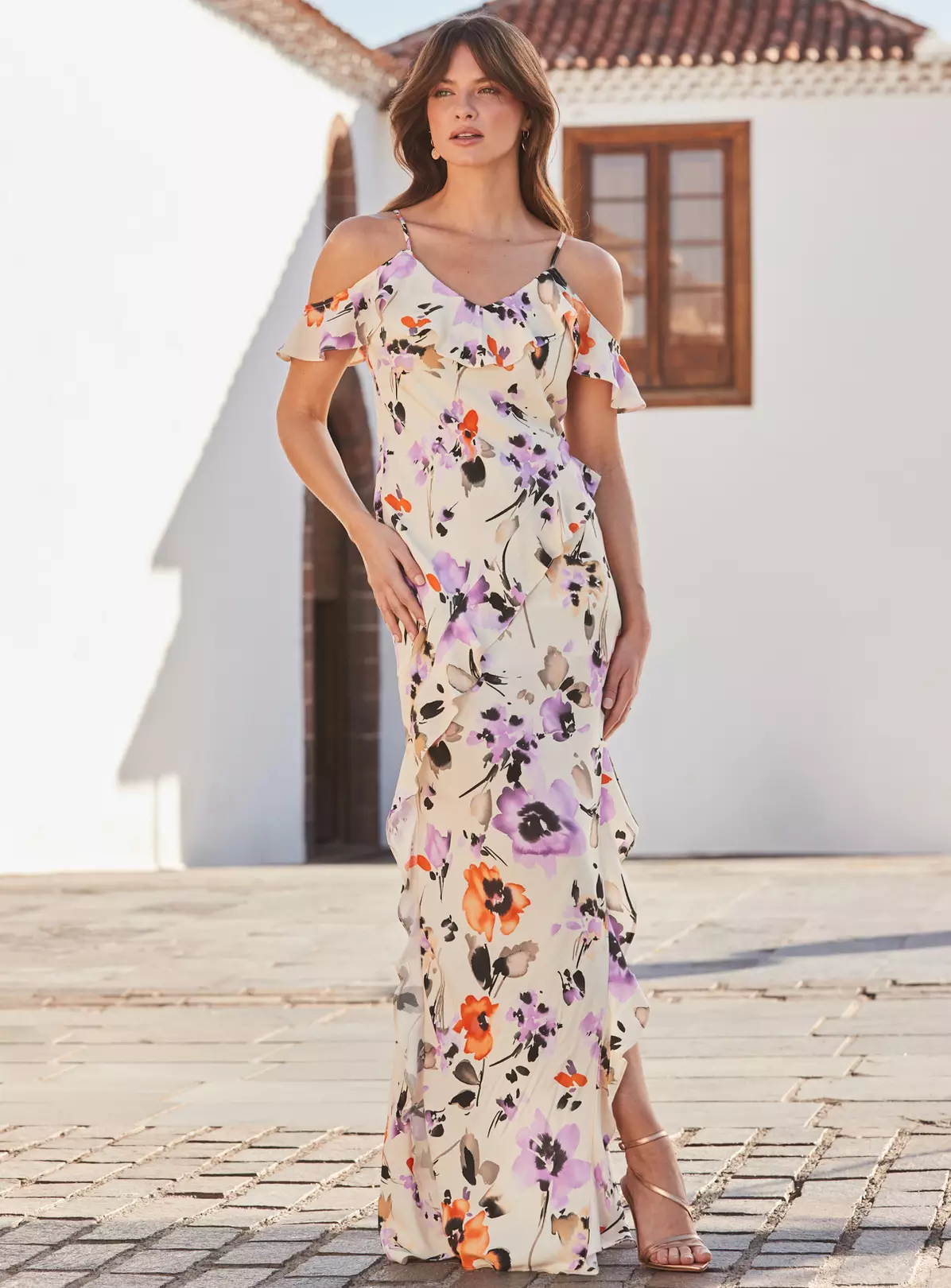 SOSANDAR Ivory Floral Cold Shoulder Ruffle Maxi Dress 18 4 SOSANDAR Ivory Floral Cold Shoulder Ruffle Maxi Dress 18 - Image 4