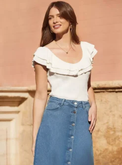 SOSANDAR White Ruffle Detail Bardot Knit Top 16